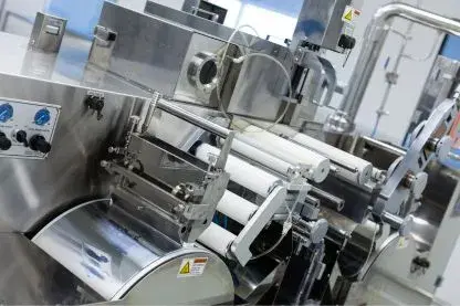 Stainless steel form fill seal machine with film rollers in a factory