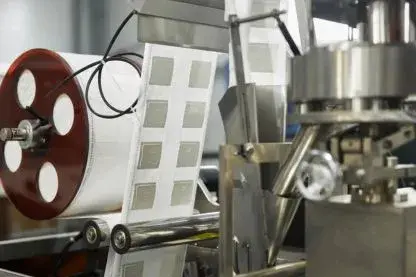 Automated machine feeding sealed tea bag sachets from a film roll